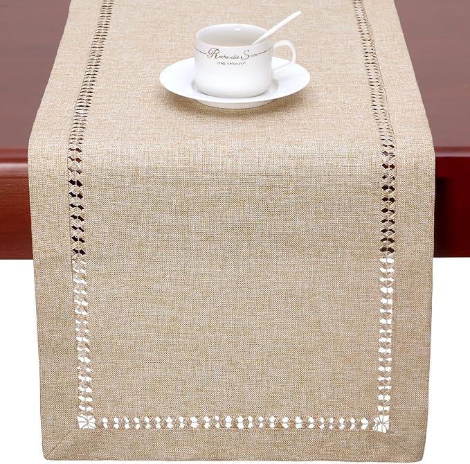 Grelucgo Handmade Hemstitch Beige Table Runner, Rectangular 14 by 90 Inch