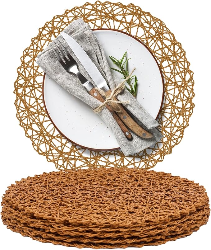 AHHFSMEI Paper Braided Round Placemats Set of 8 Natural Non-Slip Heat Resistant Table Mats for Dining Tables Woven Indoor & Outdoor Place mats(Brown,8)