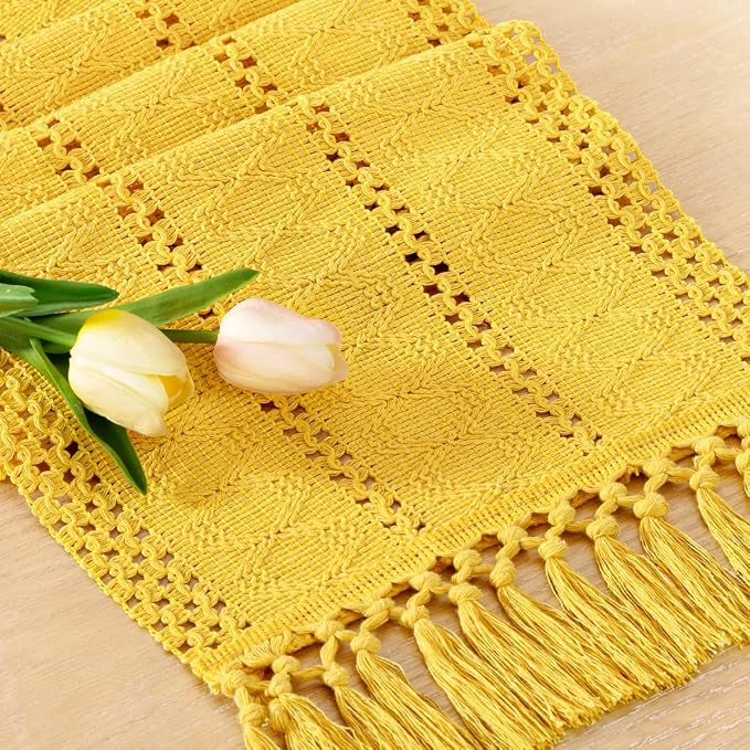 Socomi Boho Table Runner Summer Farmhouse Rustic Dining Kitchen Centerpiece Decor Small Macrame Woven Cotton Linen Coffee Table Runner for Dresser Scarf Home Decor 12x60 in Yellow Gold