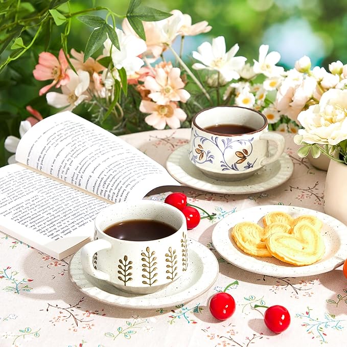 LemonRoad Vintage Tea Cup and Saucer Set of 2, 10oz Porcelain Coffee Mugs with Saucer for Latte Mocha Cappuccino Ceramic Teacups for Housewarming Wedding Gifts Kitchen Table Decor