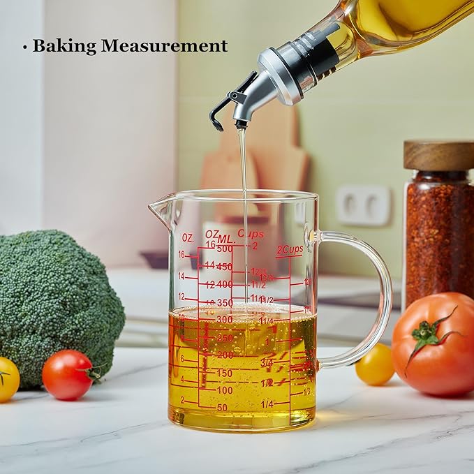 Ackers Mirror Scale Glass Measuring Cup-[Insulated handle | V-Shaped Spout]-Made of High Borosilicate Glass Measuring Cup for Kitchen or Restaurant, Easy to Read, 500 ML (16 Oz, 2 Cup)