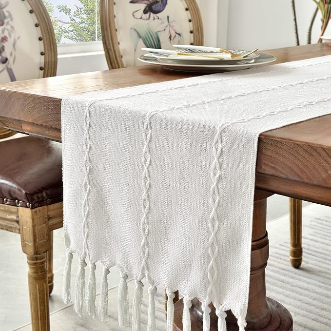 Wracra Rustic Linen Table Runner Farmhouse Style Table Runners 48 inches Long Embroidered Table Runner with Hand-Tassels for Party, Dresser Decor and Dining Room Decorations (White, 13"×48")