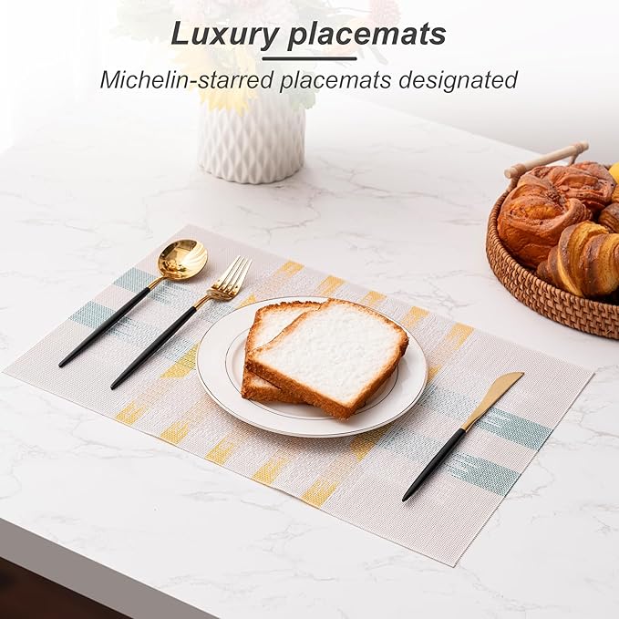 CADONO Placemats Set of 4 Washable Indoor/Outdoor Vinyl Place Mats for Dining Table Durable Non-Slip Heat Resistant PVC Weave Table Mats（Beige Green Cross）