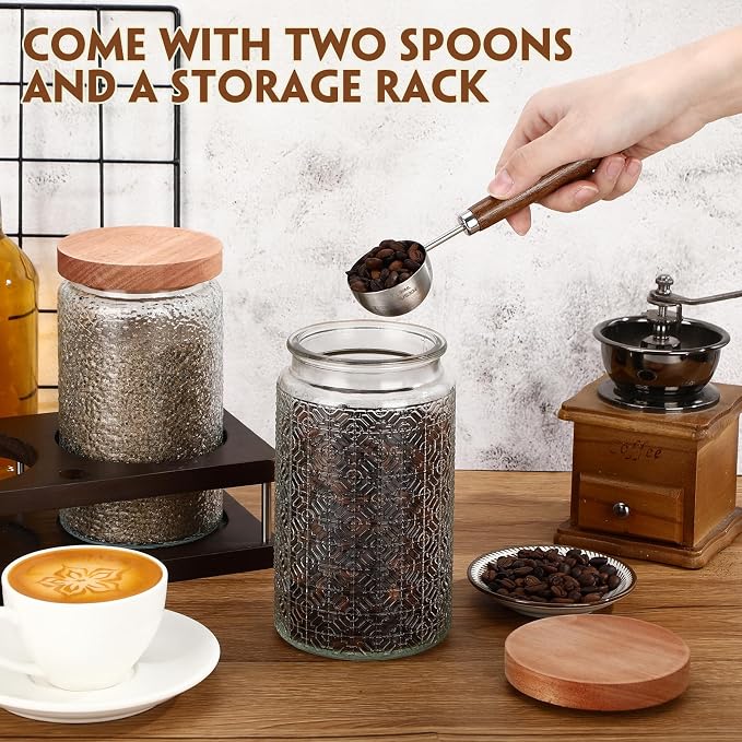 Suclain Glass Coffee Grounds Container with Shelf 2 x 34 oz Glass Coffee Bean Storage Canisters with Airtight Thread Lid and Measuring Spoon Food Storage Jars for Kitchen Sugar(Classic Style)