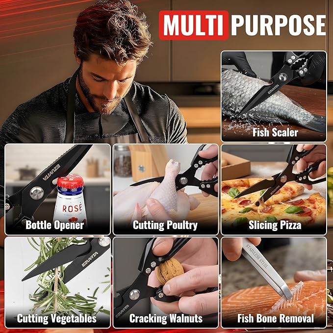 5-in-1 Multifunctional Heavy-Duty Korean Kitchen Scissors with Tweezer, Black All Purpose Shears with Titanium Coated Stainless Steel Blades, Bone Cutting scissors for Meat, Fish, Vegetables