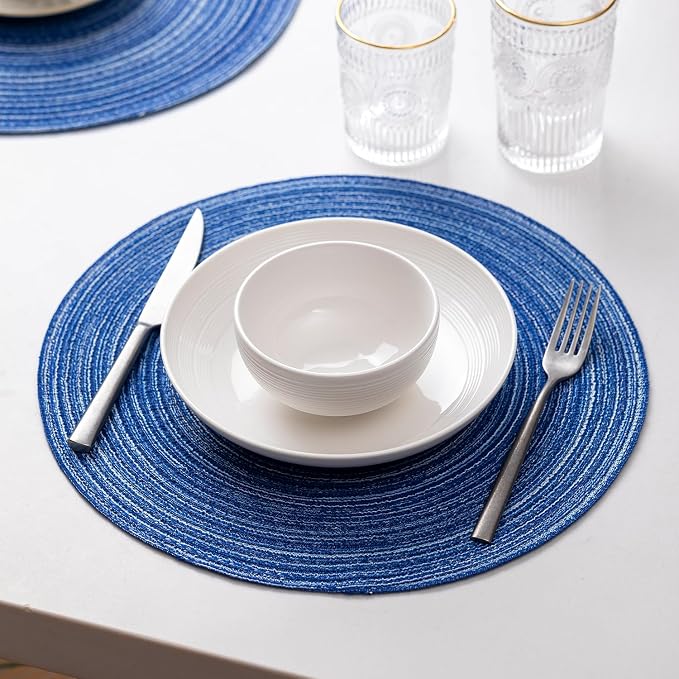 Round Placemats Set of 8 Woven Placemats Washable Braided Table Mats for Dining Table Heat Resistant Non-Slip Circle Place Mats(Royal Blue)