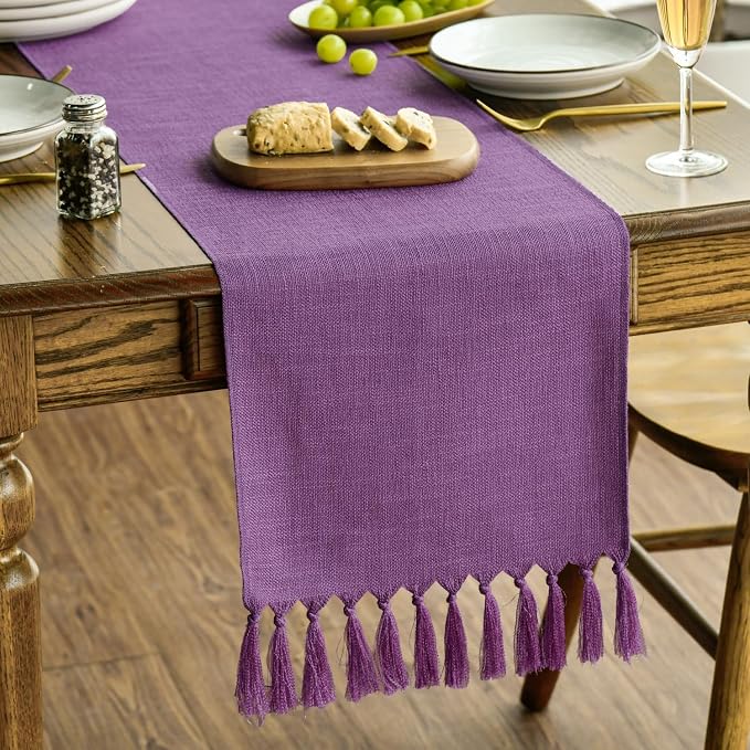 Artoid Mode Lilac Purple Tassel Table Runner, Mardi Gras Linen Blend Rustic Farmhouse Style Kitchen Table Decoration Holiday Wedding Party Dinning Decor 13x36 Inch