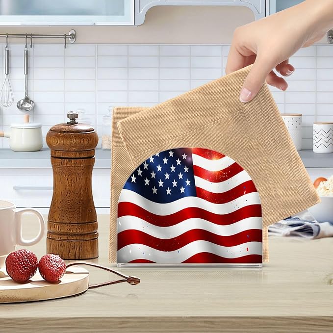 Independence Day Bright American Flag Napkin Holder for Tables Paper Cocktail Napkin Holders for Kitchen and Dinning, Acrylic Dinner Napkin Dispenser for Restaurant Home Decor Bar Accessories 2 Pack