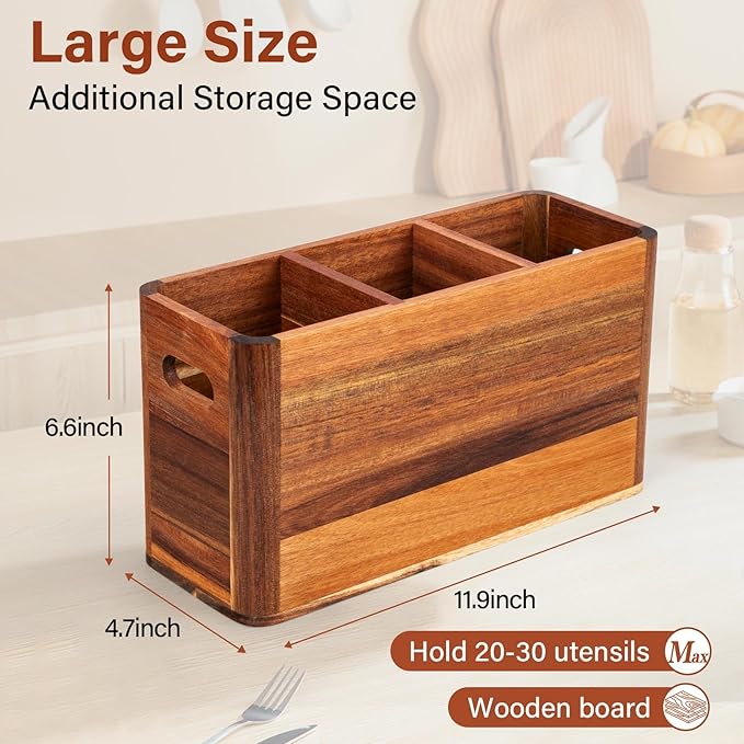 Wooden Utensil Holder for Kitchen Counter or Wall, Large Utensil Holder with 3 Compartment, Acacia Wood Kitchen Utensil Organizer for Storage Spoons & Spatulas, Fall Farmhouse Utensil Crock Container