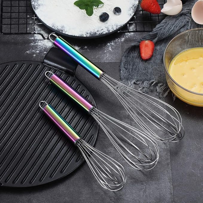 Berglander Rainbow Handle Whisk Pack of 3 Stainless Steel 8",10",12", Titianium Plating Colorful Handle Whisks for Cooking, Beater,Wire Whisk Set Kitchen Wisk (Rainbow Handle)