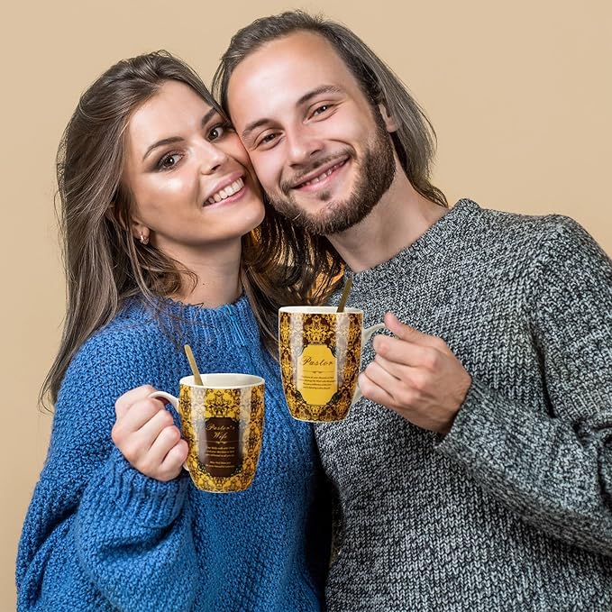 Shellwei 2 Sets Pastor and Wife Appreciation Gifts Stoneware Coffee Mugs with Gift Box Golden Coffee Spoons Pastor Gifts for Men Women Thanksgiving Christmas Christian Present(Classic)