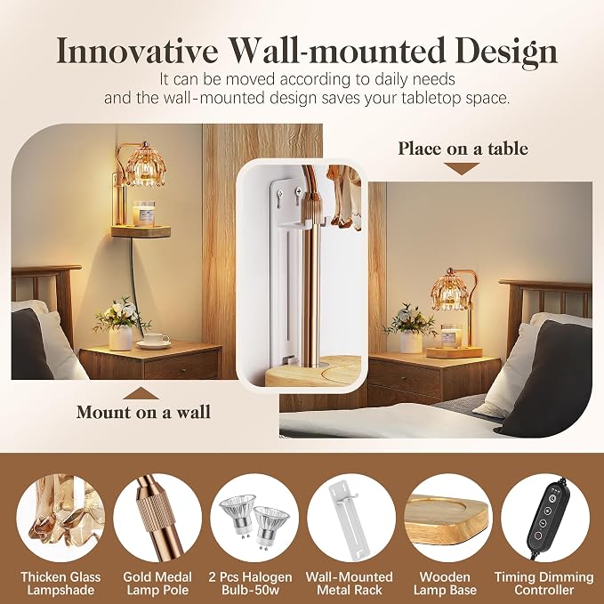Candle Warmer Lamp with Timer Dimmer, Modern Wax Warmer for Scented Wax Jar Candle Warmer with 2 Bulbs, Adjustable Height Glass Lamp for Gifts for Women, Home Decor, Gold Amber