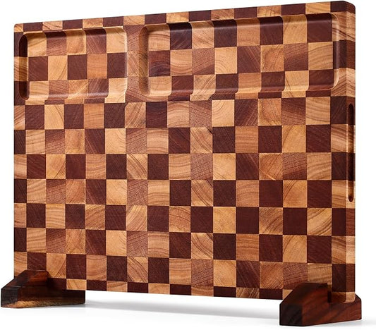 Checkered Cutting Board with Stand, Dual-Sided Wood Cutting Board with Juice Groove, 16.5x11.6 Inch Butcher Block Serving Tray, Chopping Board for Kitchen Gifts