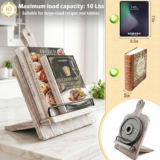 Cookbook Stand Recipe Book Holder for Kitchen Counter, Solid Wood Wooden Recipe Stand Keeps Cookbooks Open, Fits iPad & Tablet, Book Holder for Cooking, Kitchen & Dining Room