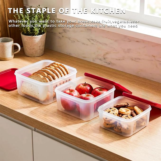 REDANT Plastic Food Storage Containers with Lids Airtight - Large Meal Prep Containers Reusable for Freezer - Bread Box for Cookies, Sandwich, Cake & Muffin, Leak-Proof & Stackable, Square, 3 Pcs