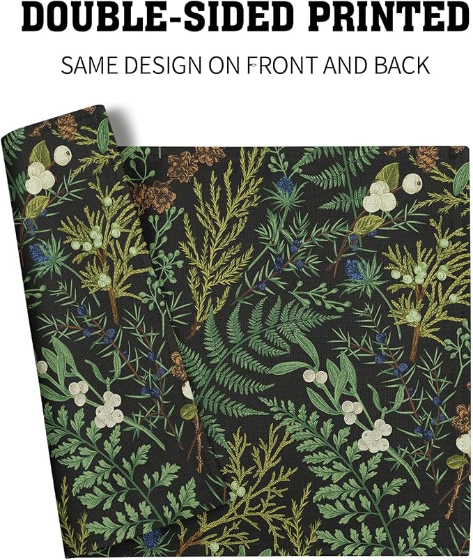 Spring Green Leaves Placemats Set of 6 Botanical Fern Leaf Floral Place Mats Washable Kitchen Dining Summer Black Linen Table Mats Stain Heat-Resistant for Home Party Indoor 12x18 in