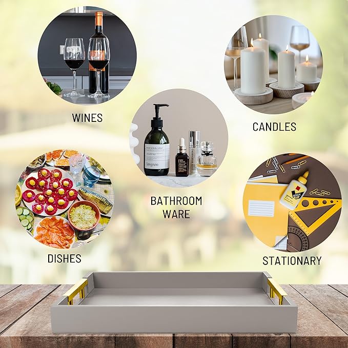 ATZYmolin Leather Serving Tray with Gold Polished Metal Handles, Home Decorative Wooden Rectangle Ottoman Decor Platter Bathroom Vanity Tray for All Occasions Grey