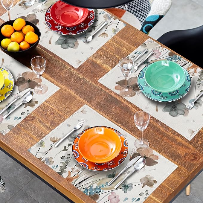 Brown Cream Grey Teal Floral Placemats Set of 4 Watercolor Flowers Place Mats Washable Dining Rustic Abstract Floral Farmhouse Linen Table Mats Stain Heat-Resistant Cloth Table Mat Decor 12x18 in