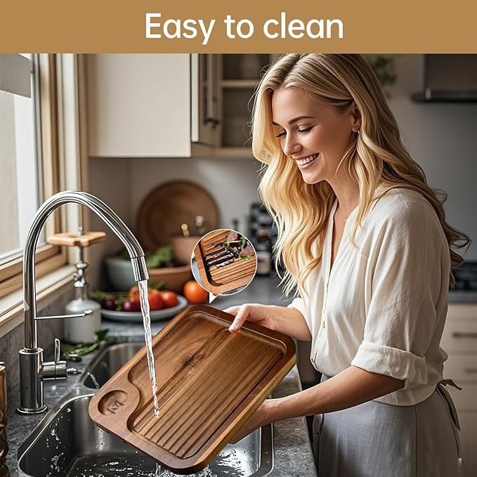 4 pcs Acacia Wood Steak Plates,Carnivore Cutting Board for Eating, Carved Meat Wooden Plate, Food Serving Tray,Cheese Charcuterie Boards with Deep Grooves & Hidden Handles