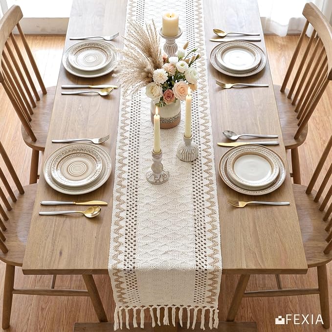 FEXIA Boho Table Runner for Home Decor with Tassels 72 Inch Farmhouse Burlap Macrame Woven Table Runner Rustic Lace Decoration for Living Room Dining Table Entryway, Cream & Brown (13x72 Inch)