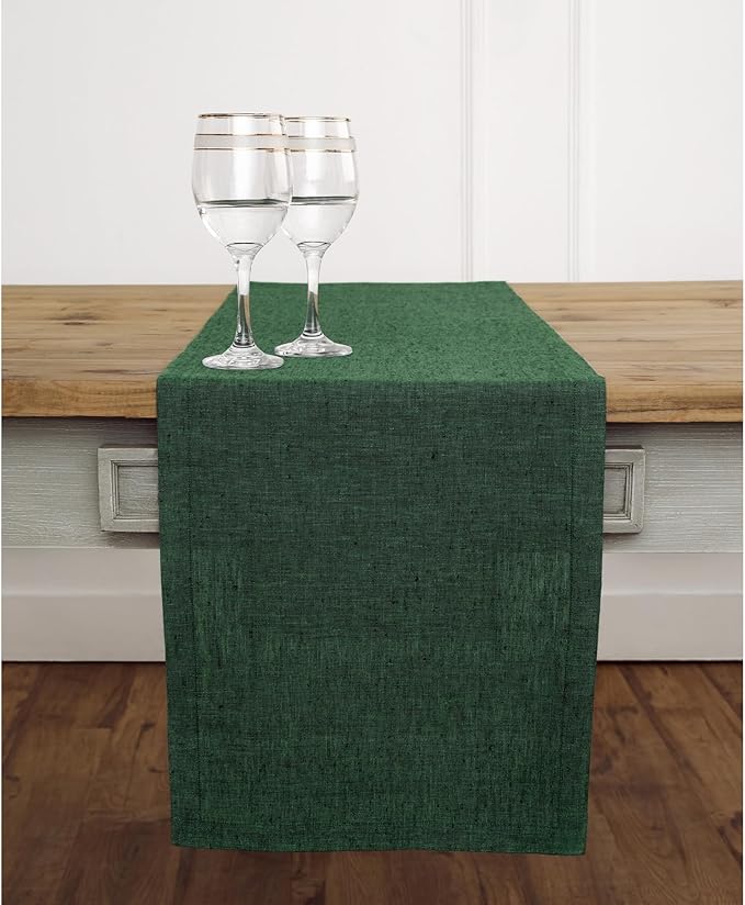 Solino Home Linen Table Runner 144 Inches Long - Athena, 100% Pure Linen Forest Green 14 x 144 Inch Table Runner for Dining