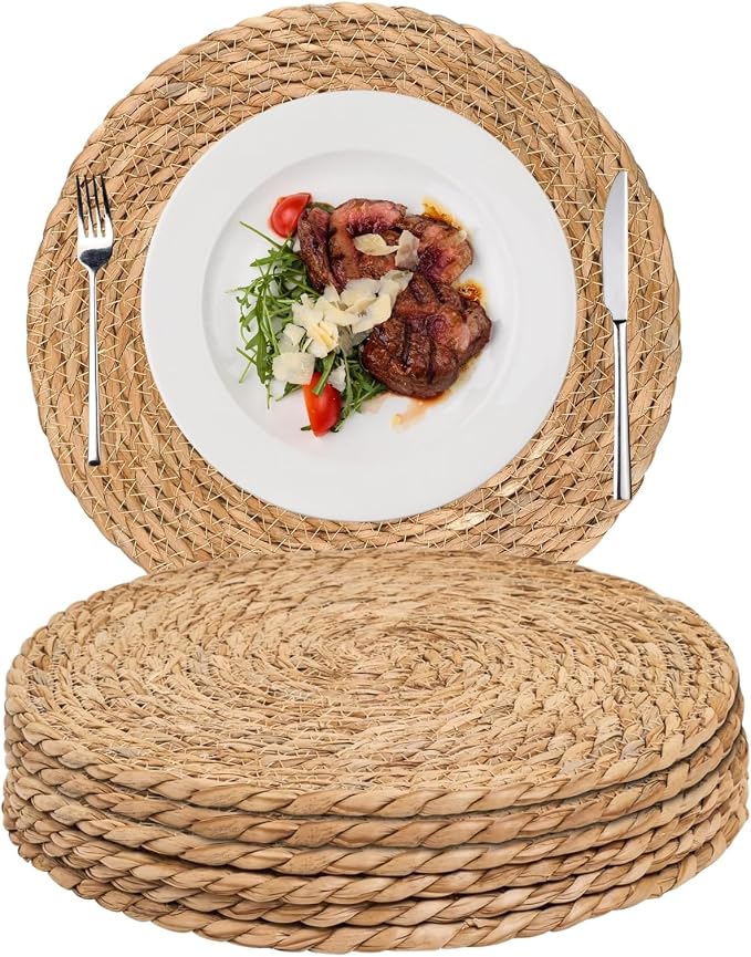 Woven Placemats Set of 6, 13.5" Round Rattan Placemats, Natural Water Hyacinth Place mats, Farmhouse Weave Place Mats, Rustic Braided Wicker Table Mats for Dining Table, Home, Outdoor