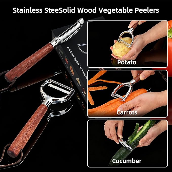 Vegetable Peeler, Premium Y-Shaped and I-Shaped Stainless Steel Potato Peelers Set, Multifunctional Kitchen Peeler Real Wood Handle Ultra Sharp Blade Vegetable Fruit Carrot Apple (2PCS)