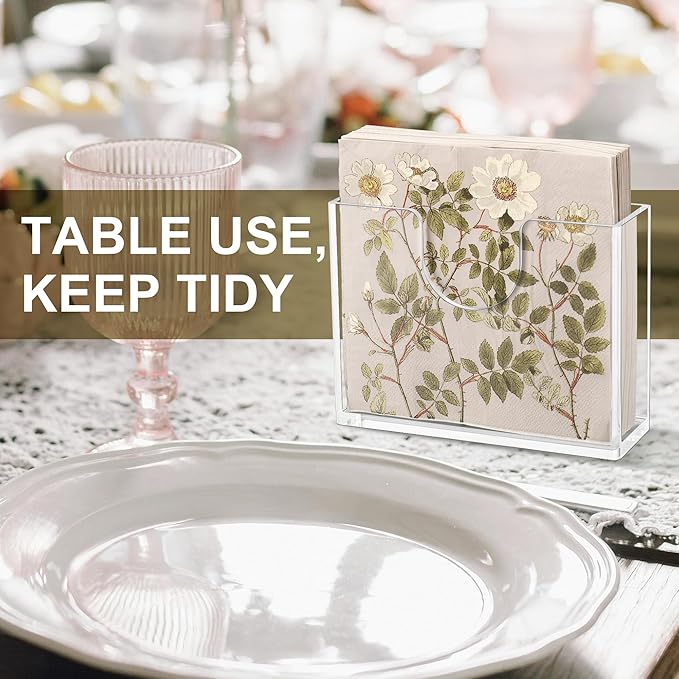 Clear Acrylic Napkin Holder for Table, Elegant Non-Slip Guest Towel Tray for Bathroom, Waterproof Vertical Tissue Dispenser for Kitchen, Dining, Bar, Office or Restaurant Square with rounded corners