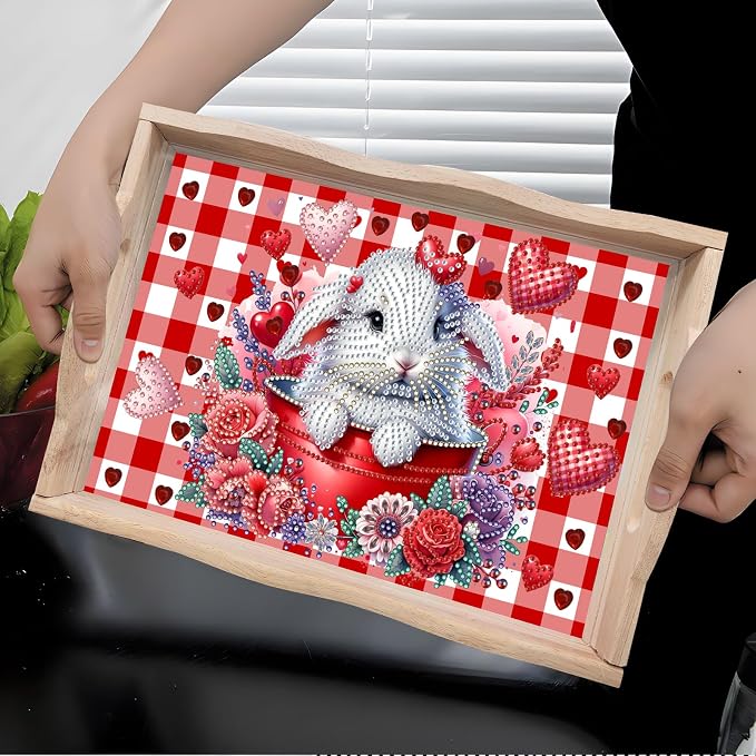 BAYUNOE DIY Diamond Serving Tray Rectangular Breakfast Tray with Handle Handmade Diamond Art Painting Wooden Tray Valentine's Day Red Plaid Dinner Plate Coffee Room Living Home Organizer-Rabbit