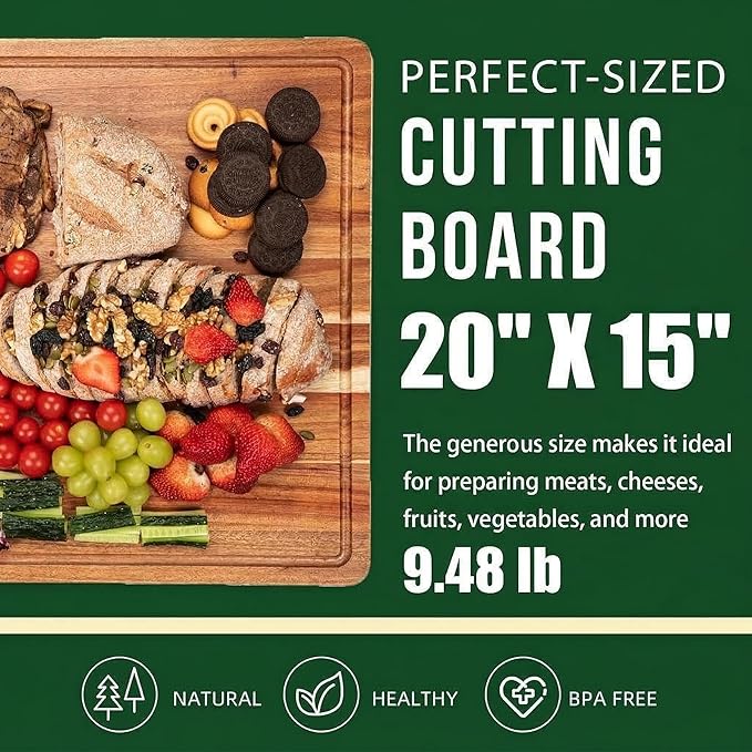 GarveeHome 1.5" Thick Acacia Wood Cutting Board, 20" x 15" Chopping Board for Kitchen, with Juice Groove and Handle, Reversible