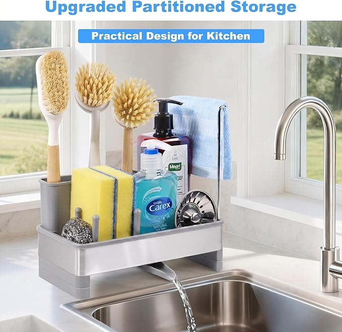 Kitchen Sink Caddy Organizer, Stainless Steel Sponge Holder, Kitchen Caddy Sink Organizer with Dish Brush Holder and Dishcloth Rack, Rustproof Dish Sponge Drying Rack for Countertop Storage