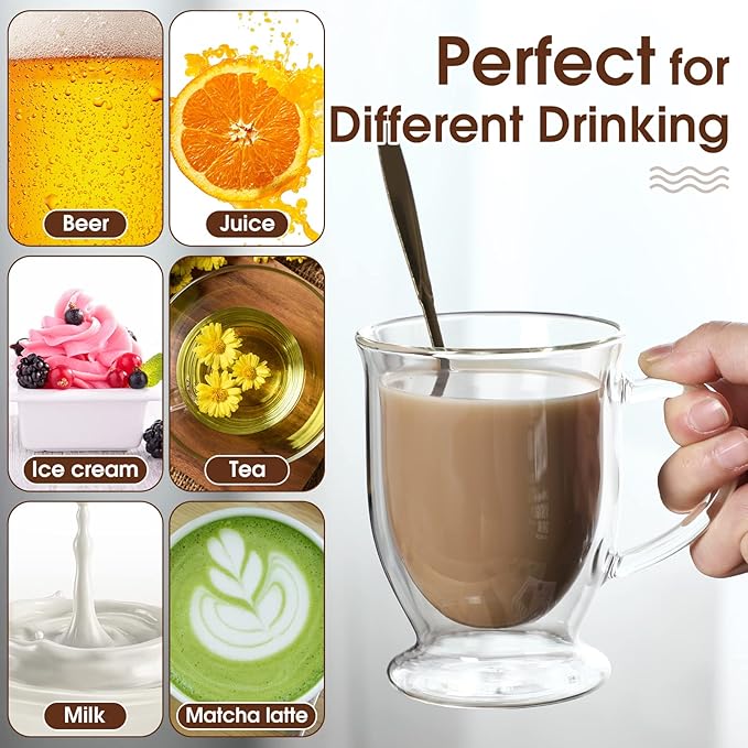 Gejoy 6 Sets Double Wall Glass Coffee Mugs with Spoon Insulated Clear Coffee Mug with Handle Borosilicate Glass Coffee Cups Latte Cup for Cappuccino, Tea, Latte, Espresso, Hot Beverage(12 OZ)