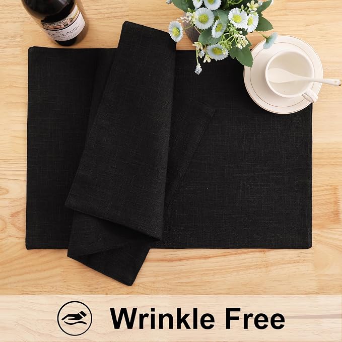 homing Faux Cotton Linen Placemats Set of 8, Cloth Washable Farmhouse Dining Table Mats for Indoors & Outdoors, Easy to Clean, Black, 13 x 19 Inch