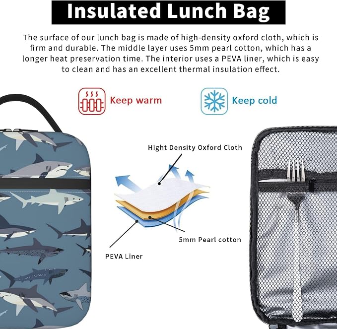 Shark Ocean Themed Portable Lunch Bag, Insulated Lunch Box Reusable Totes for Women Men Adults, Lunchbag for Work Picnic Camping