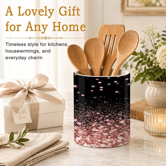 Kitchen Utensil Holder,Rose Gold Glitter Large Ceramic Utensil Crock Organizer for Spatulas,Spoons and Cooking Tools,Kitchen,Home Decoration 6.3"