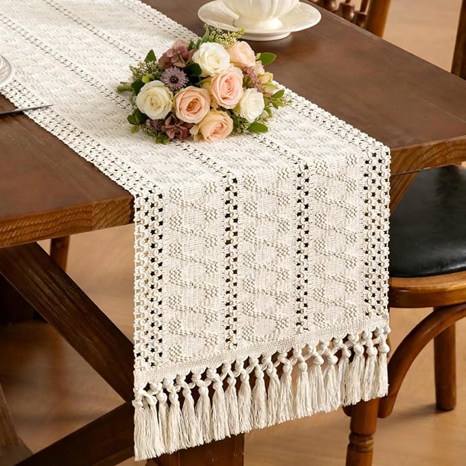 Boho Woven Cotton Linen Table Runner Beige 11"x70" with Tassels Rustic Macrame Farmhouse Table Runner Summer Decor for Dining Room Wedding Kitchen Party