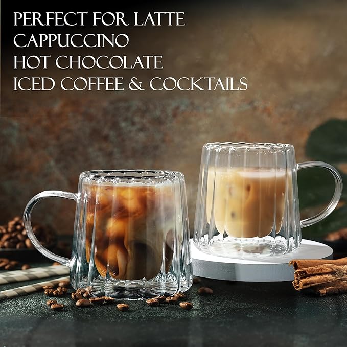 Joeyan Double Walled Glass Coffee Mugs,Latte Cappuccino Tea Cups with Handle,Insulated Borosilicate Espresso Shot Cups,Glass Milk Creamer Pitcher Frothing Cup Hot Beverage Glassware,8.5 oz,Set of 2