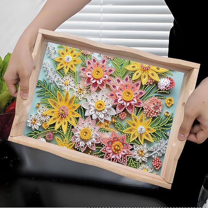 BAYUNOE 2Pcs DIY Diamond Serving Tray Rectangular Breakfast Tray with Handle Handmade Diamond Art Painting Wooden Tray Spring Creative Dinner Plate Coffee Room Living Home Organizer-02