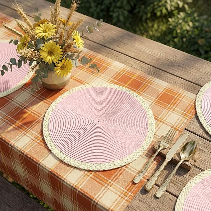Noctiflorous Braided Round Placemats Set of 6, 15 Inch Woven Table Mats, Non-Slip Washable Place Mats for Kitchen Dining Table Decor (Mint Pink, 6)