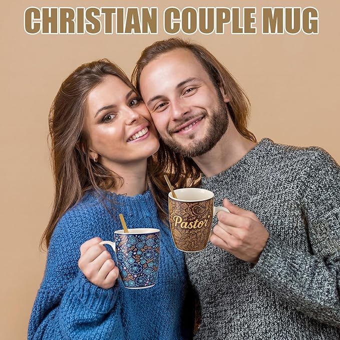 Shellwei 2 Sets Pastor and Wife Appreciation Gifts Stoneware Coffee Mugs with Gift Box Golden Coffee Spoons Pastor Gifts for Men Women Thanksgiving Christmas Christian Present (Fresh)