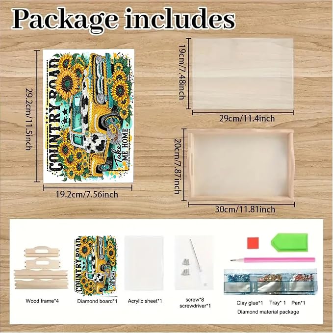 BAYUNOE DIY Diamond Serving Tray Rectangular Breakfast Tray with Handle Handmade Diamond Art Painting Wooden Tray Spring Creative Dinner Plate Coffee Room Living Home Organizer-Sunflower Car
