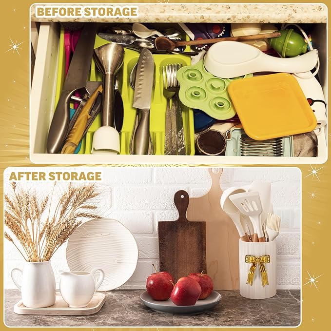 LemonRoad Gold Bow Ceramic Utensil Holder 3D Handmade Gold Kitchen Decor Gifts Cooking Utensil Crock with Scalloped Preppy Caddy Pen Holder Vase Vintage Retro Graduation Gift for College Students
