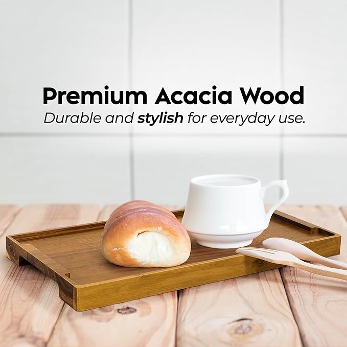 Spaceneat Acacia Wood Serving Tray with Handles - 14.5" x 7" Ottoman Tray for Coffee Table, Decorative Tray for Home Decor