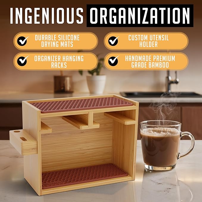 HEXNUB - AeroPress Organizer Stand, Bamboo Coffee Caddy Station for AeroPress Coffee Maker Accessories, Filter Holder, Mug Storage Rack, Silicone Drip Mats - Brown Mats