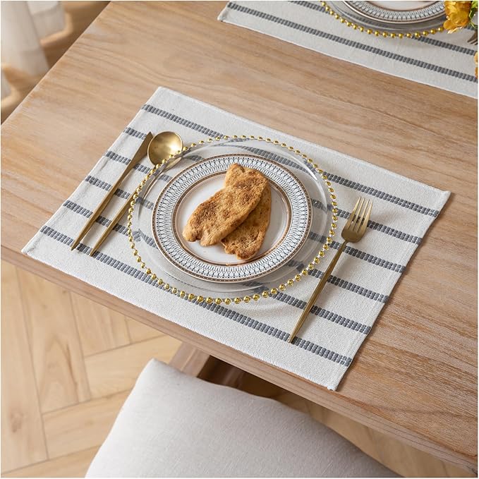 Caflife Boho Farmhouse Placemats Set of 4, Grey Stripes Cotton Linen Woven Table Mats for Modern Dining Table, 13x19 Inch Rustic Kitchen Decor Place Mats