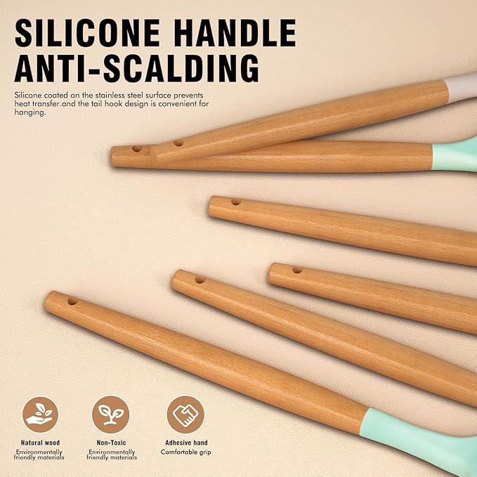 Silicone Cooking Utensils Set - AVGPD Silicone Kitchen Utensils for Cooking Wooden Handles, 446°F Heat Resistant Kitchen Utensil Spatula Sets, Gadgets for Non-Stick Cookware BPA FREE (Multicolour)