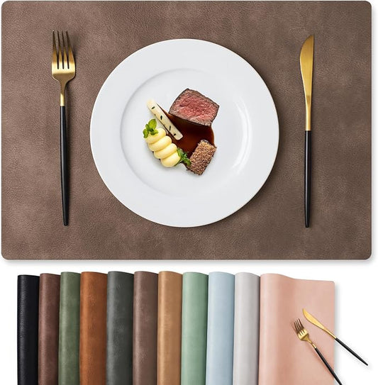 MOSAYT Vinyl Placemats Set of 6-12 X 17 Inch - Faux Leather 100% Waterproof Oil-Proof Wipeable PU Place Mats, Heat Resistant Reversible Table Mats for Kitchen, Dining, Outdoor, Brown