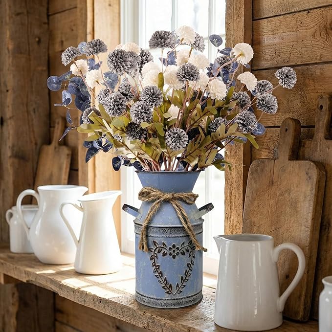 16.5''H Fake Flowers in Vase for Centerpiece Table Decorations with 10Pcs Fake Mums Flowers Eucalyptus Stems Faux Pompon Kiku Flowers Arrangement for Home Farmhouse Decor (Blue and White)
