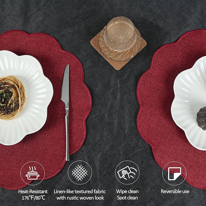 AHHFSMEI Round Faux Linen Placemats Set of 6 Heat Resistant Non-Slip Stain Proof Table Mats for Kitchen Dining Elegant Decor Place Mats (Burgendy red,6)