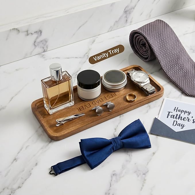 Small Wooden Tray | Acacia Wood Serving Tray for Father Vanity Tray for Men | Tray for Bathroom Counter & Toilet | Ideal for Snack, Remote, Key & Catch All | Mini Platter (Rectangular-Best Dad Ever)